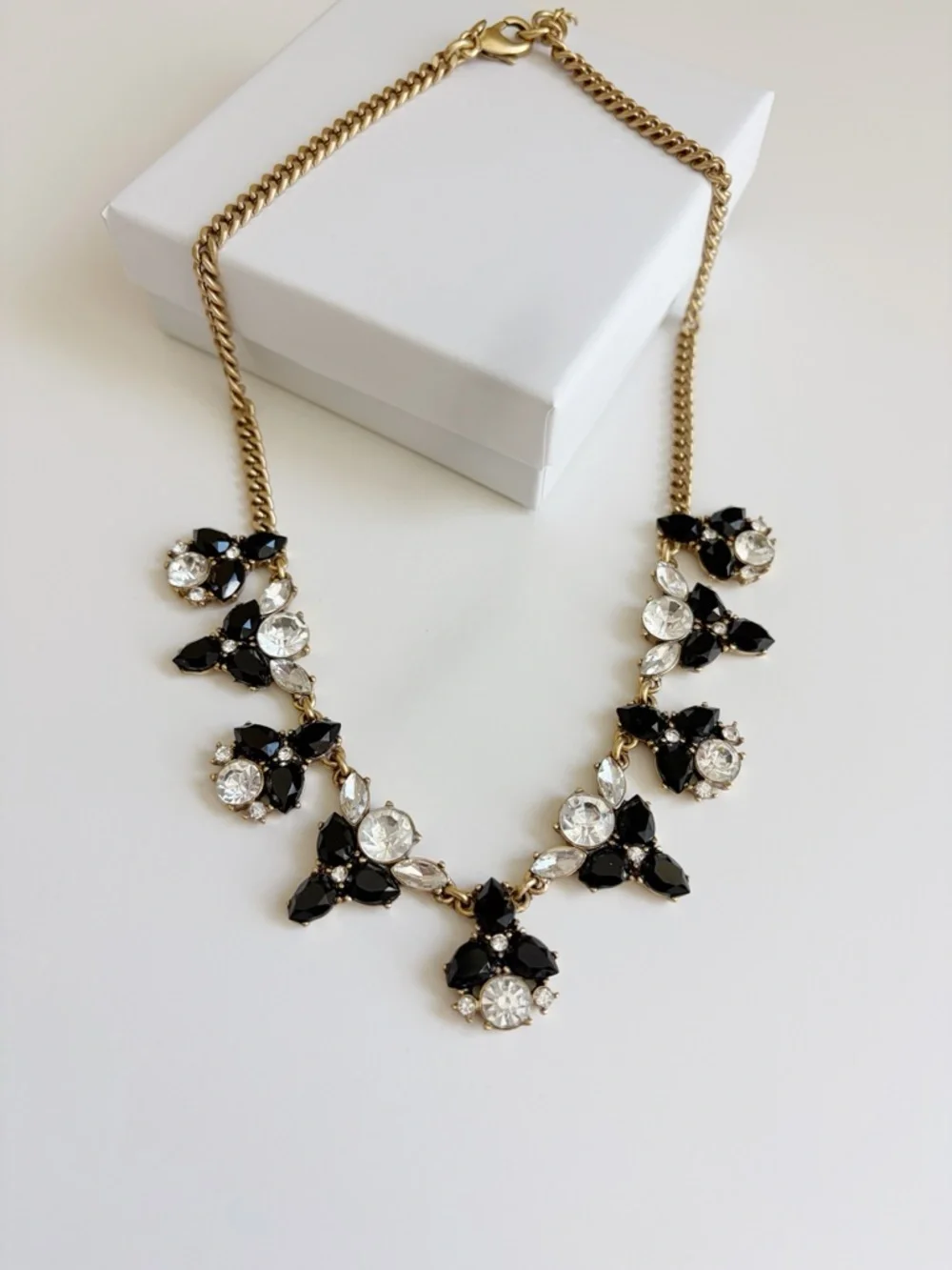 J. Crew Vintage Gold-Tone Necklace with Black and Clear Crystals